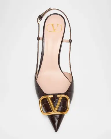 Valentino Garavani 80mm VLogo Signature Croc-Embossed Leather Slingback Pumps | Thumbnail 3