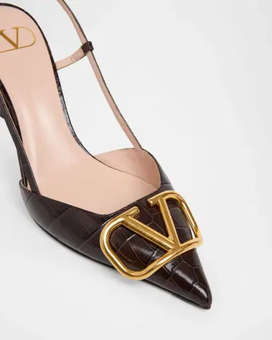 Valentino Garavani 80mm VLogo Signature Croc-Embossed Leather Slingback Pumps | Thumbnail 4