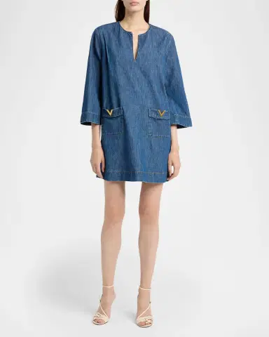 Valentino Garavani V-Logo Denim 3/4-Sleeve Mini Dress | Thumbnail 2 Valentino Garavani V-Logo Denim 3/4-Sleeve Mini Dress | Thumbnail 2