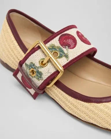 Valentino Garavani Tomato Embroidered Raffia Mary Jane Ballerina Flats | Thumbnail 5