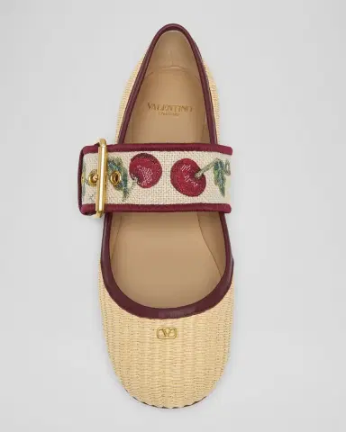 Valentino Garavani Tomato Embroidered Raffia Mary Jane Ballerina Flats | Thumbnail 6