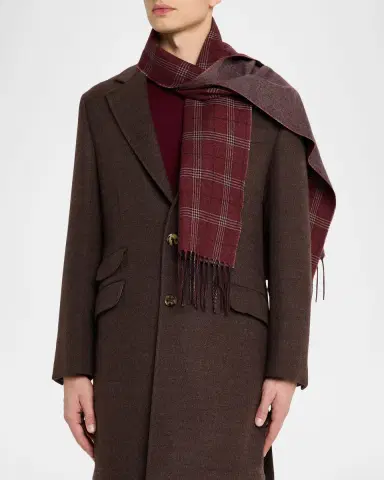 PIACENZA 1733 Men's Baltazar Herringbone to Plaid Silk and Cashmere Scarf | Thumbnail 2 PIACENZA 1733 Men's Baltazar Herringbone to Plaid Silk and Cashmere Scarf | Thumbnail 2