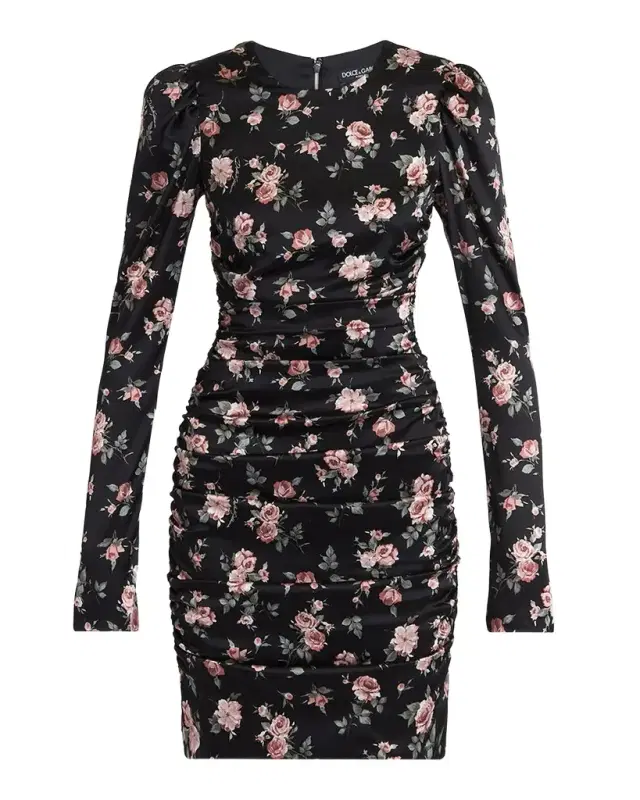 Small Rose Bouquets-Print Long Satin Dress Small Rose Bouquets-Print Long Satin Dress