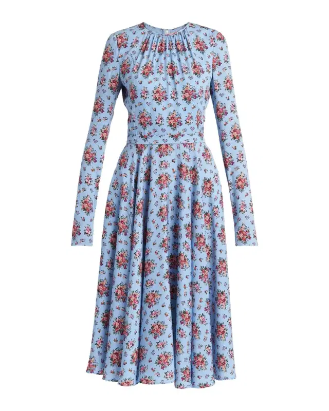 Floral Silk Long-Sleeve Midi Dress
