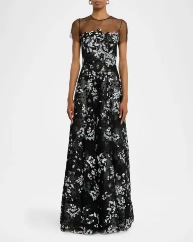 Naeem Khan Illusion Neckline Floral Embroidered Gown | Thumbnail 2