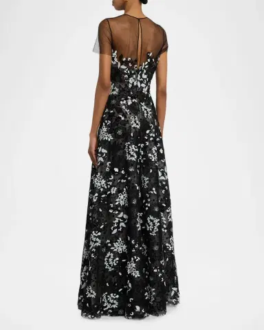 Naeem Khan Illusion Neckline Floral Embroidered Gown | Thumbnail 3