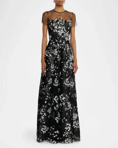 Naeem Khan Illusion Neckline Floral Embroidered Gown | Thumbnail 4
