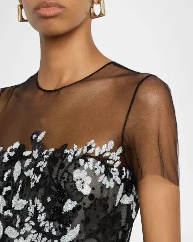 Naeem Khan Illusion Neckline Floral Embroidered Gown | Thumbnail 5