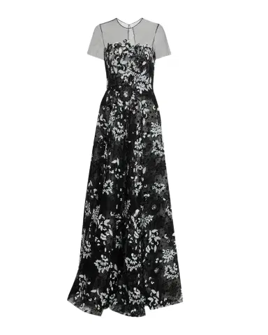 Naeem Khan Illusion Neckline Floral Embroidered Gown | Thumbnail 1