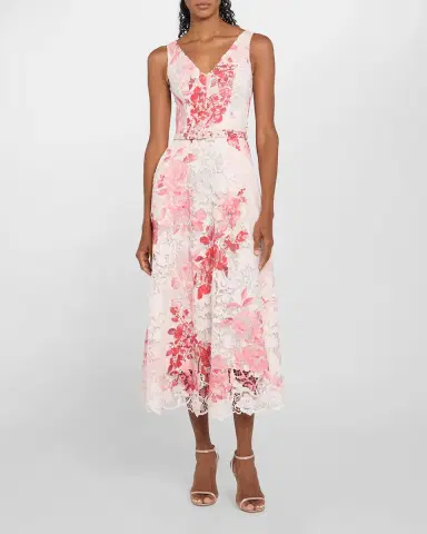 Monique Lhuillier Rose-Print Lace Belted Sleeveless Midi Dress | Thumbnail 2