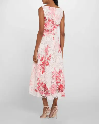Monique Lhuillier Rose-Print Lace Belted Sleeveless Midi Dress | Thumbnail 3