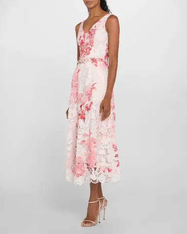 Monique Lhuillier Rose-Print Lace Belted Sleeveless Midi Dress | Thumbnail 4
