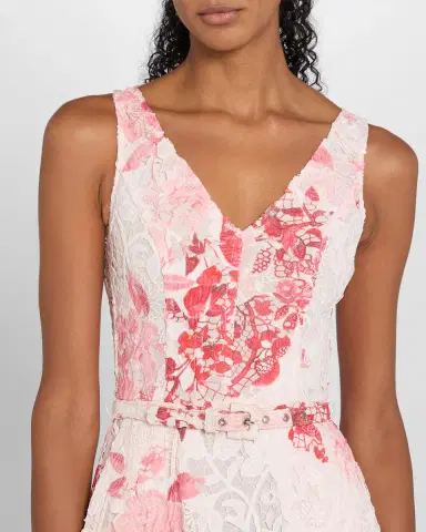 Monique Lhuillier Rose-Print Lace Belted Sleeveless Midi Dress | Thumbnail 5