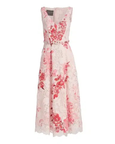 Monique Lhuillier Rose-Print Lace Belted Sleeveless Midi Dress | Thumbnail 1