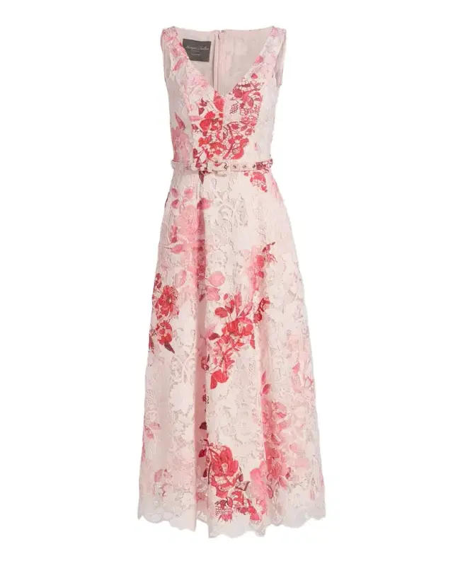 Rose-Print Lace Belted Sleeveless Midi Dress