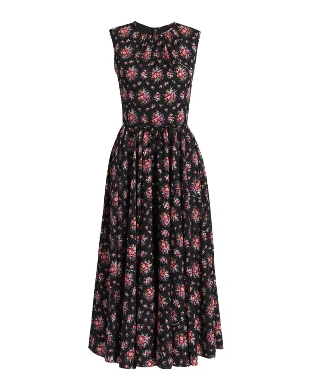 Small Rose Bouquets-Print Sleeveless Midi Dress