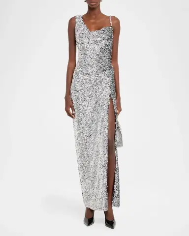 AREA Asymmetric Crystal-Strap Full Sequin Gown | Thumbnail 2