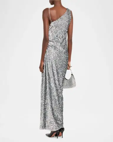 AREA Asymmetric Crystal-Strap Full Sequin Gown | Thumbnail 3