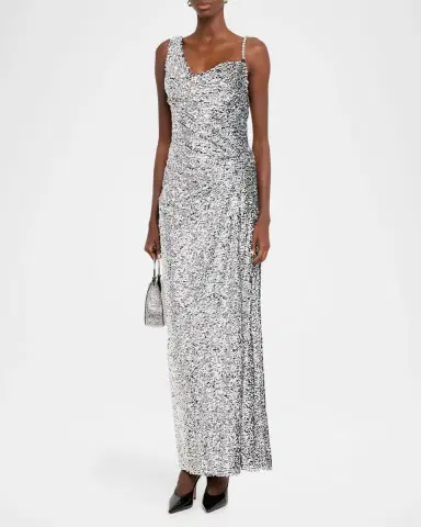 AREA Asymmetric Crystal-Strap Full Sequin Gown | Thumbnail 4