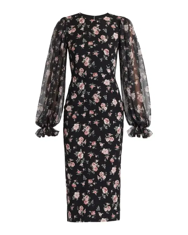 Vintage Roses-Print Charmeuse Midi Dress