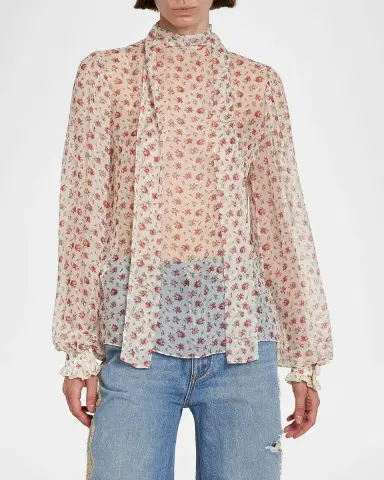 Dolce & Gabbana Floral Tie-Neck Chiffon Blouse | Thumbnail 3