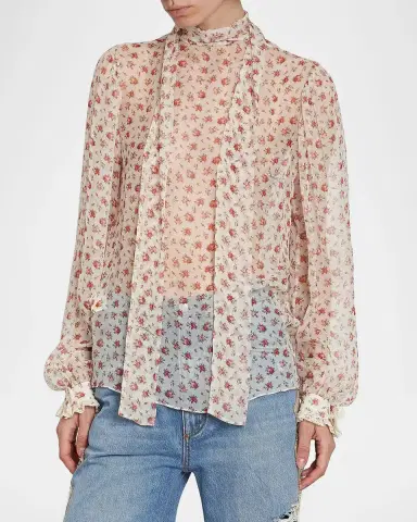 Dolce & Gabbana Floral Tie-Neck Chiffon Blouse | Thumbnail 6