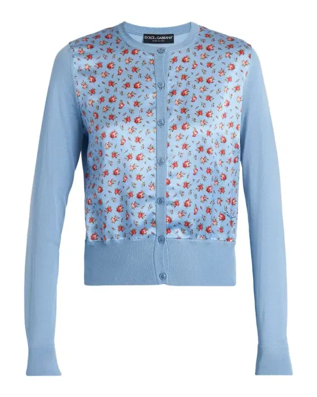 Rose Bouquets-Print Silk Satin Cardigan