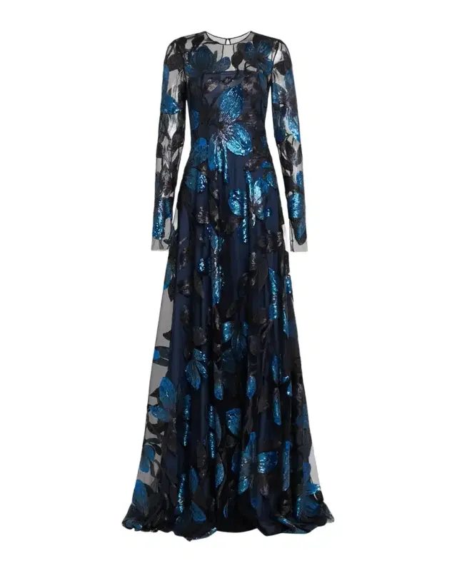 Long-Sleeve Sequin Floral Embroidered Gown