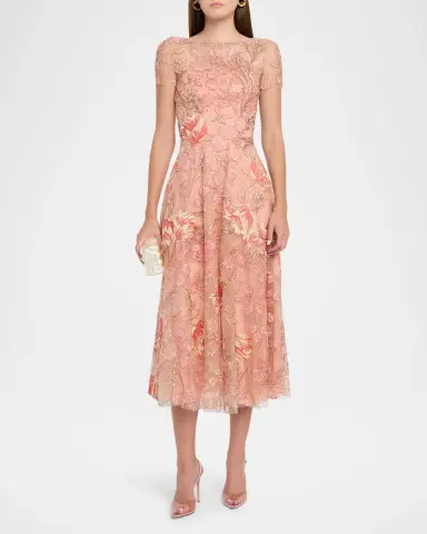 Naeem Khan Metallic Floral Embroidered Short-Sleeve Illusion Midi Dress | Thumbnail 2 Naeem Khan Metallic Floral Embroidered Short-Sleeve Illusion Midi Dress | Thumbnail 2