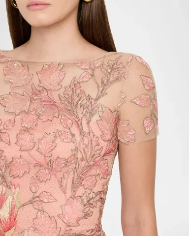 Naeem Khan Metallic Floral Embroidered Short-Sleeve Illusion Midi Dress | Thumbnail 5 Naeem Khan Metallic Floral Embroidered Short-Sleeve Illusion Midi Dress | Thumbnail 5