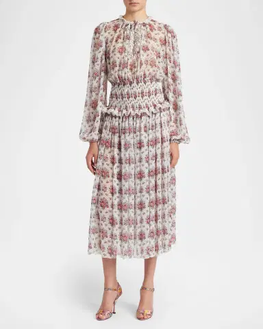 Dolce & Gabbana Floral-Print Shirred Chiffon Long-Sleeve Midi Dress | Thumbnail 2