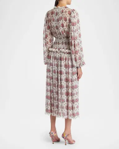 Dolce & Gabbana Floral-Print Shirred Chiffon Long-Sleeve Midi Dress | Thumbnail 3