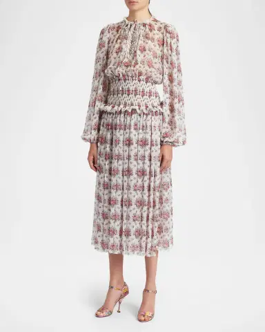 Dolce & Gabbana Floral-Print Shirred Chiffon Long-Sleeve Midi Dress | Thumbnail 4