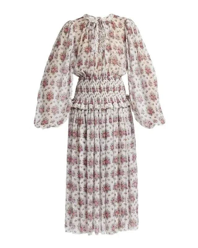 Dolce & Gabbana Floral-Print Shirred Chiffon Long-Sleeve Midi Dress