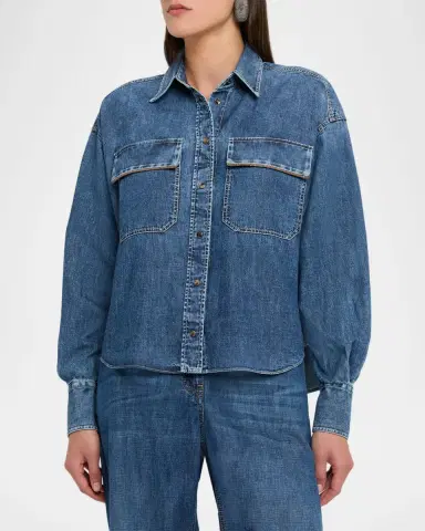 Brunello Cucinelli Super Light Denim Button-Down Shirt | Thumbnail 4