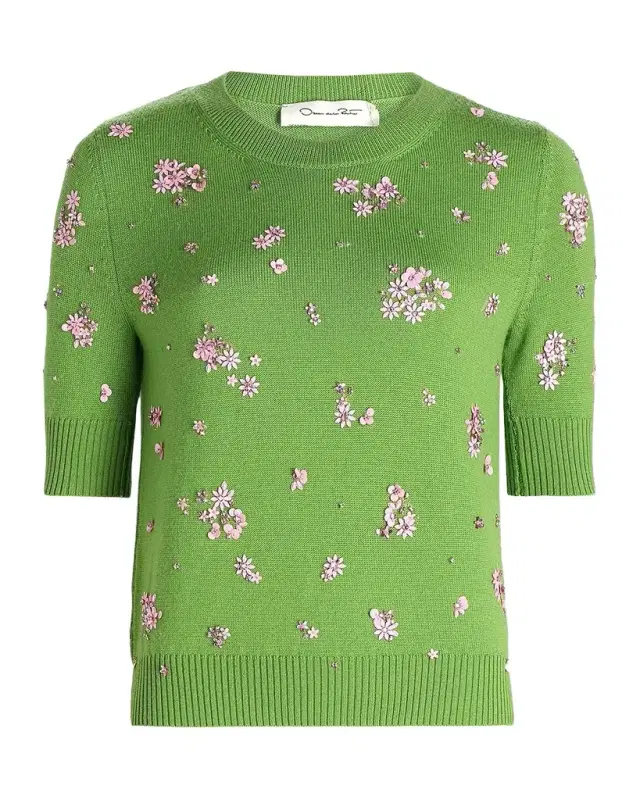 Cluster Embroidered Wool Short-Sleeve Sweater