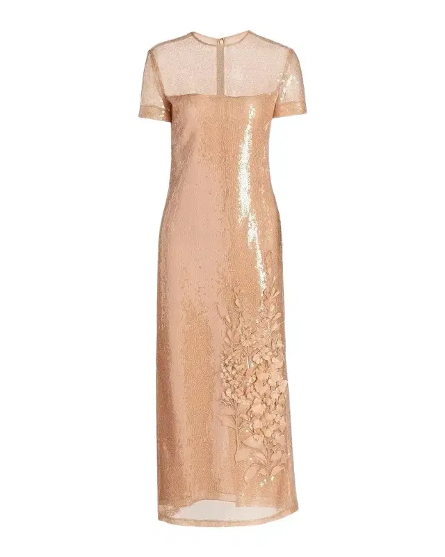 Feather Applique Cap-Sleeve Sequined Midi Cocktail Dress