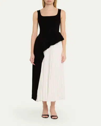 SIMKHAI Zayla Two-Tone Pleated Peplum Midi Dress | Thumbnail 2
