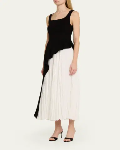SIMKHAI Zayla Two-Tone Pleated Peplum Midi Dress | Thumbnail 4