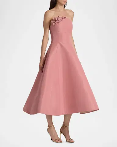 Oscar de la Renta Strapless Flower Applique Faille Midi Cocktail Dress | Thumbnail 4
