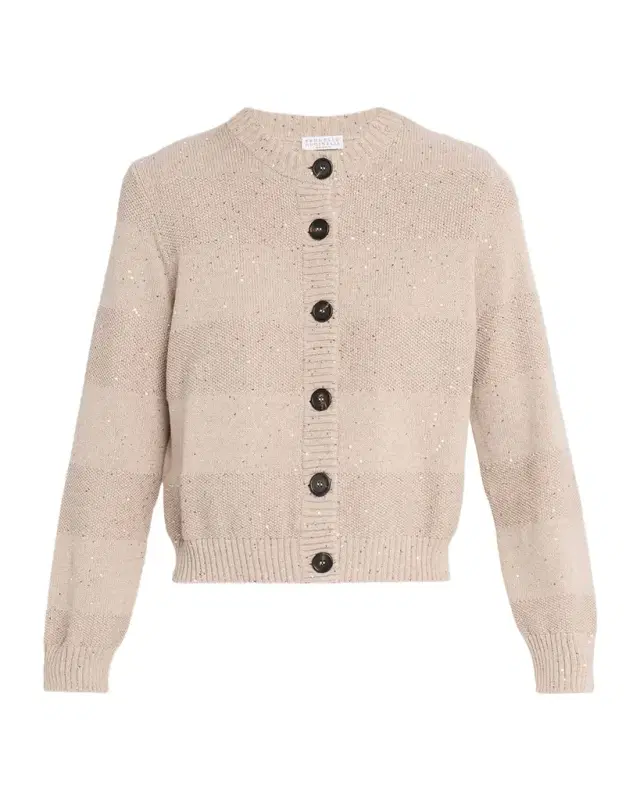 Pailette Striped Knit Crewneck Cardigan