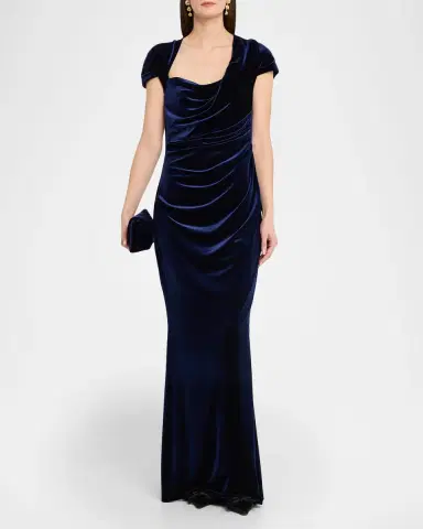 Talbot Runhof Draped Velvet Cap-Sleeve Gown | Thumbnail 2