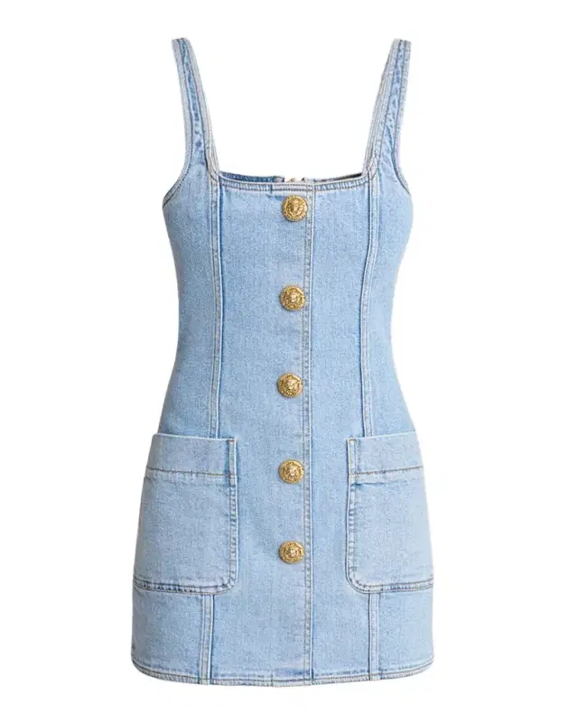 Denim Button-Front Sleeveless Mini Dress