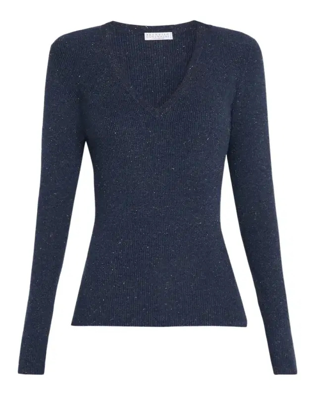 Metallic Cashmere Stretch Rib V-Neck Sweater