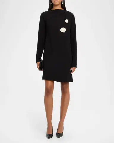 Lela Rose Flower Applique Long-Sleeve Fluid Crepe Mini Dress | Thumbnail 2 Lela Rose Flower Applique Long-Sleeve Fluid Crepe Mini Dress | Thumbnail 2