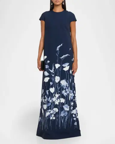 Lela Rose Floral Crepe Short-Sleeve A-Line Gown | Thumbnail 2