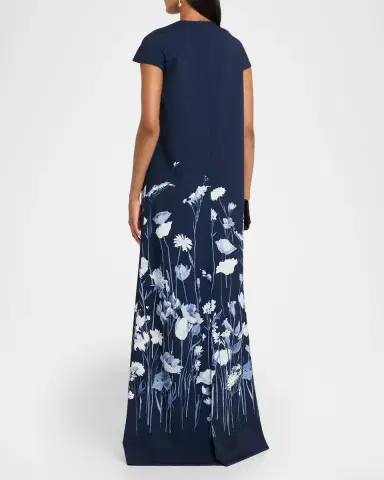 Lela Rose Floral Crepe Short-Sleeve A-Line Gown | Thumbnail 3