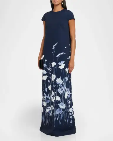 Lela Rose Floral Crepe Short-Sleeve A-Line Gown | Thumbnail 4