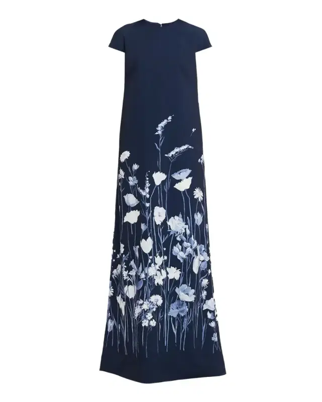 Floral Crepe Short-Sleeve A-Line Gown
