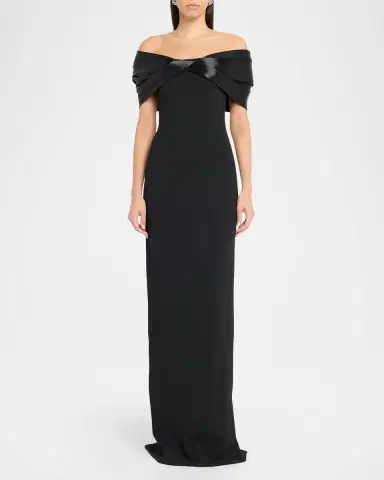 Pamella Roland Liquid Satin Off-The-Shoulder Crepe Gown | Thumbnail 2